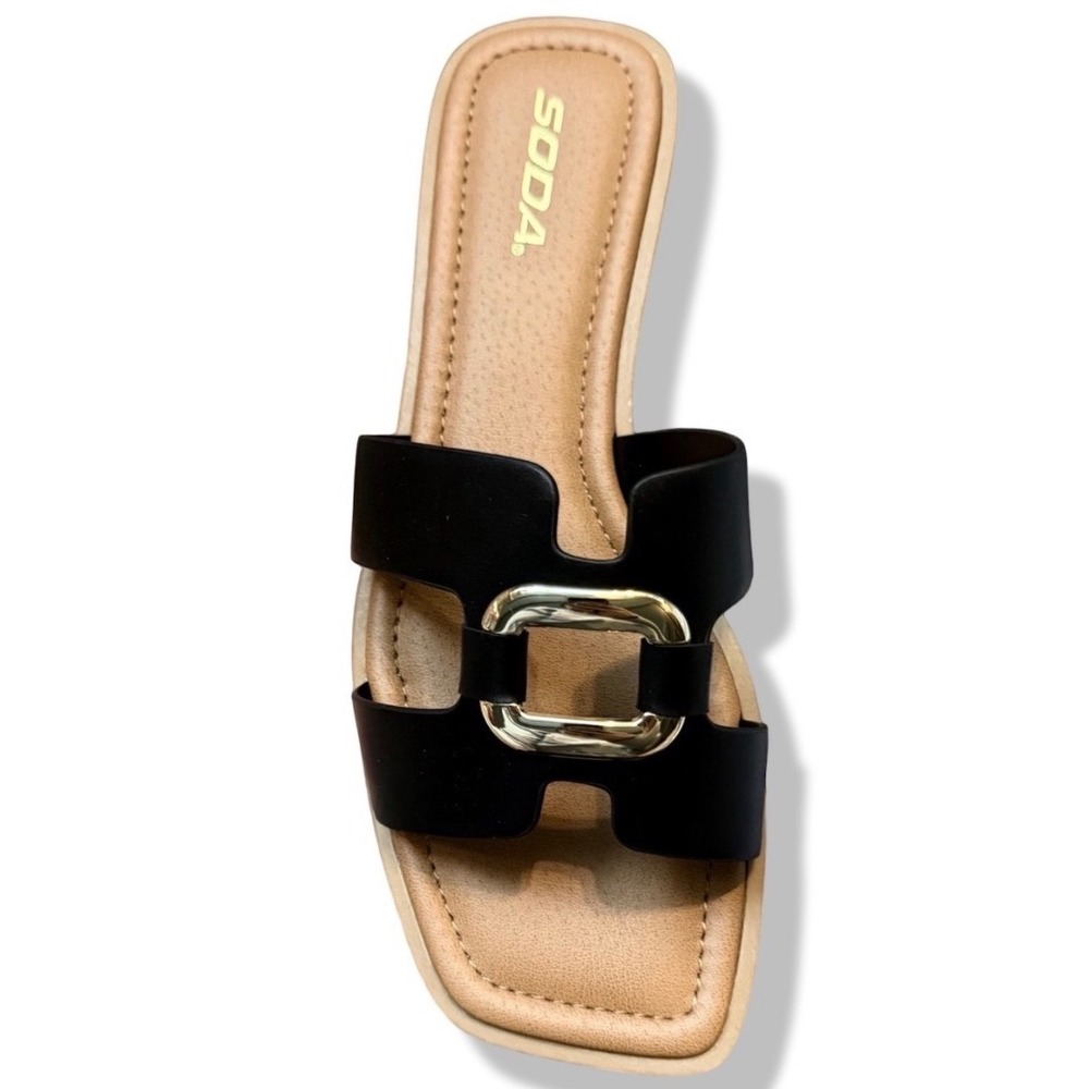 SODA FENG SANDALS Black Faux Leather Slide Gold Buckle Sz 10 - Picture 14 of 14